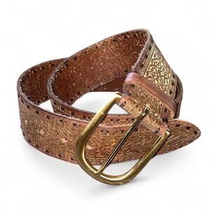 Golden Embossed Brown Leather Belt with Solid Brass Buckle size Medium